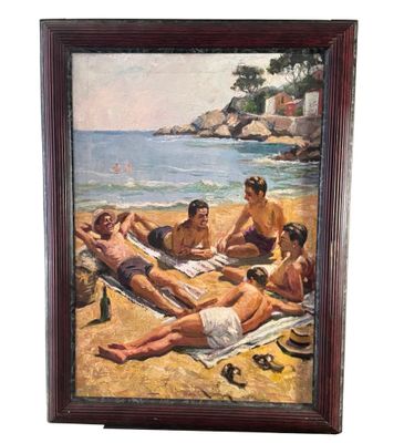 painting of a group of people lounging on a beach in front of a body of water