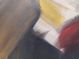 abstract painting of a person with a red umbrella walking down a street