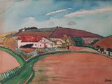 a watercolor painting of a farm with a red roof