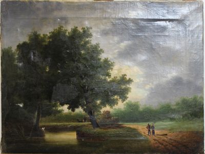 une peinture à l'huile représentant un homme et un chien sur un chemin de terre au bord d'une rivière
