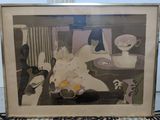 painting of a woman sitting in a chair with a bowl of fruit in front of her