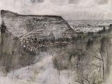 une image représentant un dessin d'une montagne avec des arbres au premier plan