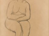 un vieux dessin représentant une femme assise sur un tabouret, les bras croisés