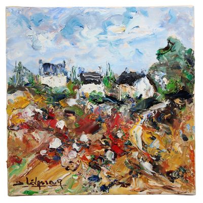 a painting of a field with houses and trees in the background