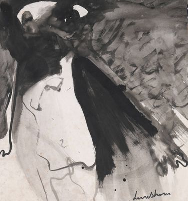 tableau représentant une femme vêtue d'une robe noire et blanche tenant une batte de baseball