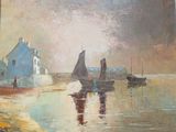 un tableau représentant des bateaux sur l'eau près d'une maison