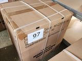 many boxes that are sitting on a shelf in a room