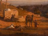 painting of a desert scene with a camel and a man with a child