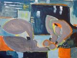 peinture abstraite représentant un chat assis sur une chaise devant une fenêtre