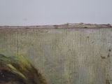 an oil painting of a woman ' s face on a wooden block