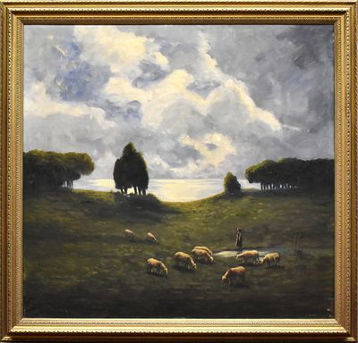 une peinture à l'huile représentant un troupeau de moutons paissant dans un champ