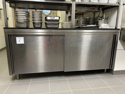 a stainless steel counter with pots and pans on it