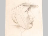 an old drawing of a man with a hat on his head