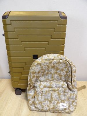 suitcase and backpack sitting on a table next to each other