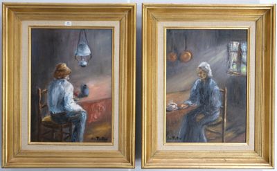 two paintings of a man sitting in a chair and a woman sitting at a table