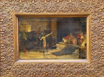 tableau représentant un homme dans un salon en compagnie d'un chien