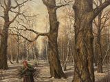 une peinture à l'huile représentant une femme marchant dans une forêt enneigée