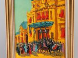 an oil painting of a street scene with a horse drawn carriage in front of a yellow building