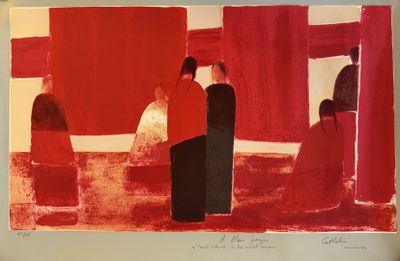 painting of a group of people standing in front of a red wall