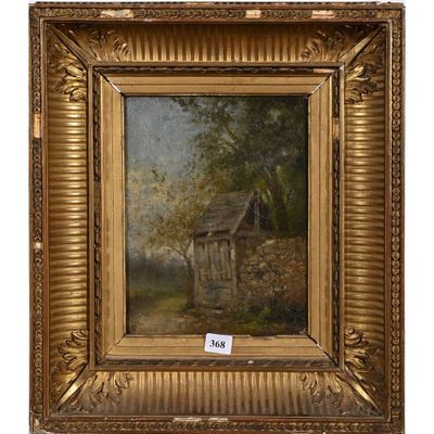 une peinture à l'huile représentant un gîte niché dans un cadre boisé