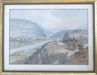 tableau représentant une vue sur une rivière avec une ville au loin