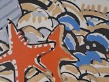 a painting of a cat and fish on the beach