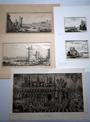 three old black and white pictures of a city and a building