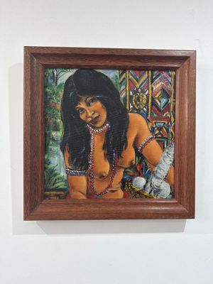 tableau représentant une femme en bikini assise sur un banc