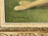 an oil painting of a woman ' s legs and feet on a green background