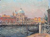 painting of a view of a canal with gondolas in the background