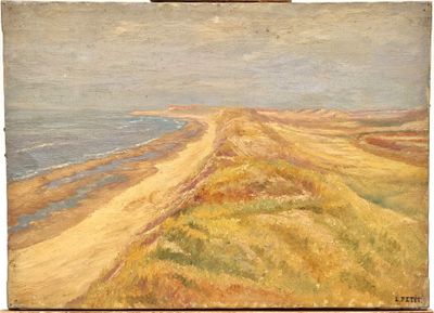 an oil painting of a beach scene with a path leading to the ocean