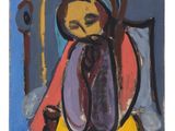 peinture d'une femme assise sur une chaise avec une assiette de nourriture