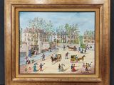 une peinture à l'huile représentant une scène de rue avec des passants et une calèche