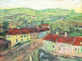 une peinture à l'huile représentant un village avec un chemin de terre au premier plan