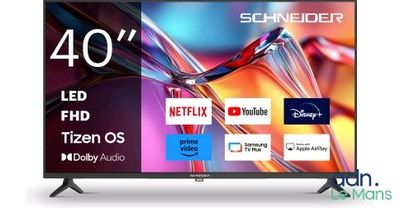 un écran de télévision sur lequel figurent les mots « 40 pouces, LED, HD, système d'exploitation Tizen »