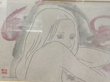 un dessin représentant une femme aux cheveux longs, dans un cadre doré