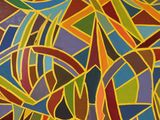 painting of a colorful abstract design on a brown surface