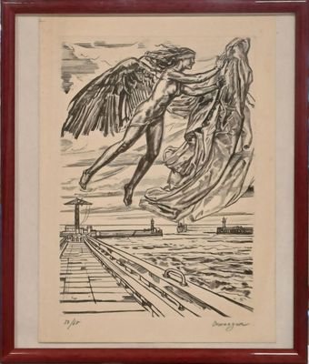 une image représentant un dessin d'un ange volant au-dessus d'une étendue d'eau