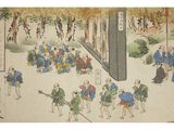 painting of a group of people walking down a street in front of a building