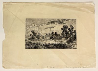 an old picture of a landscape with trees and a river