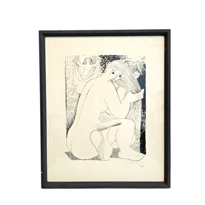 painting of a nude woman sitting on a stool in a black frame