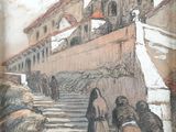 tableau représentant un groupe de personnes montant un escalier devant un immeuble
