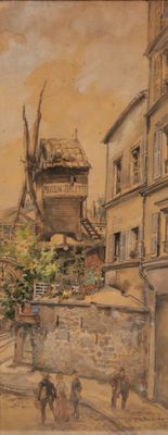 painting of a street scene with buildings and a horse drawn carriage