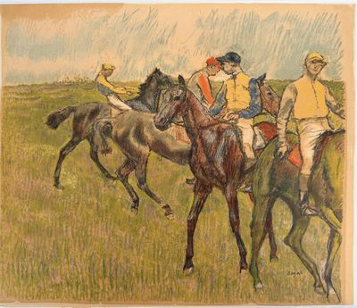a painting of a group of jockeys riding horses