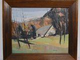 une peinture à l'huile d'une scène de ferme dans un cadre en bois