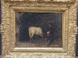 tableau représentant une vache blanche dans une étable, en compagnie d'un homme et d'un enfant