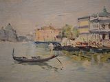 a painting of a gondola on the water with buildings in the background