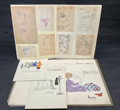an open book with drawings of people and animals on it