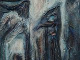 une peinture abstraite représentant un homme et une femme debout devant un bâtiment