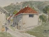 a watercolor painting of a house on the side of the road